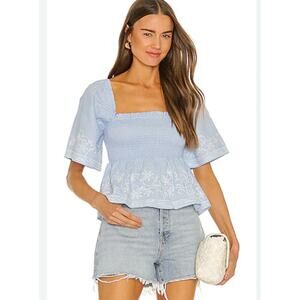 Show Me Your Mumu Maria Linen Floral Flower Embroidered Smocked Blouse Shirt S